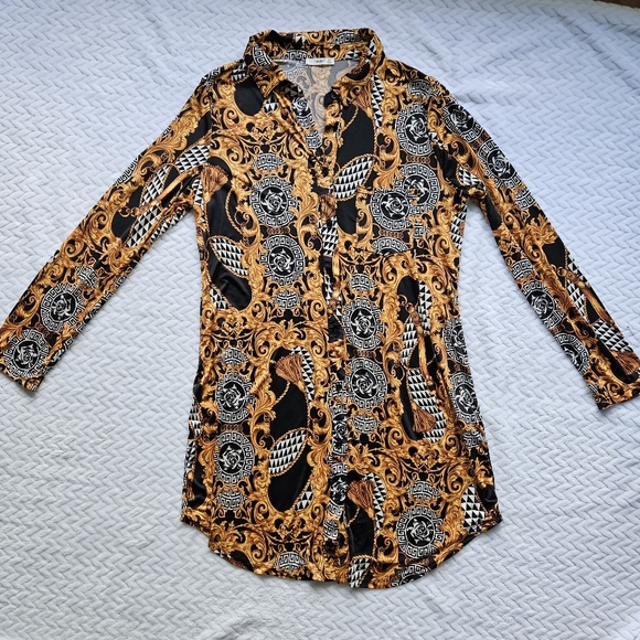 SOLD Timing Black & Gold Long Sleeve Button-Down Mini Dress Size 2X - Picture 4 of 14